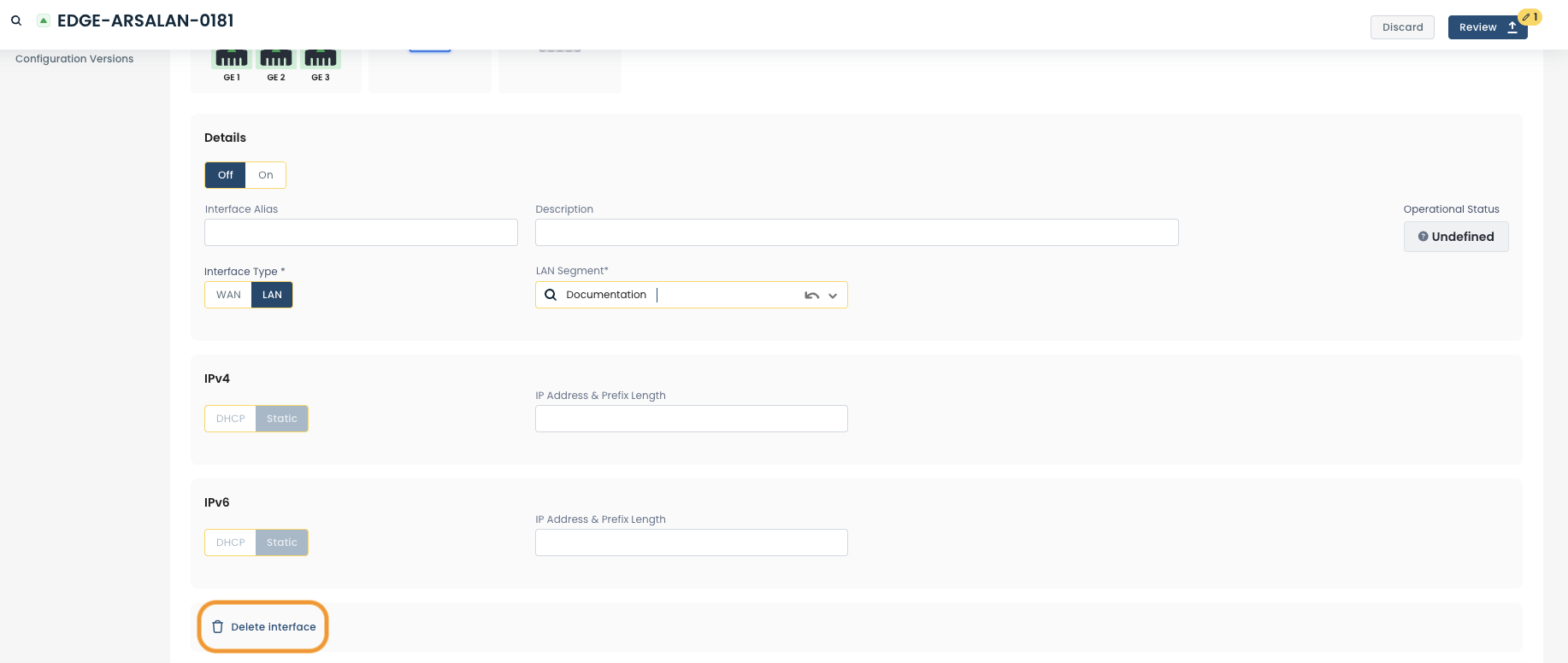 Configuration interface showing options for LAN, WAN, and deleting an interface.